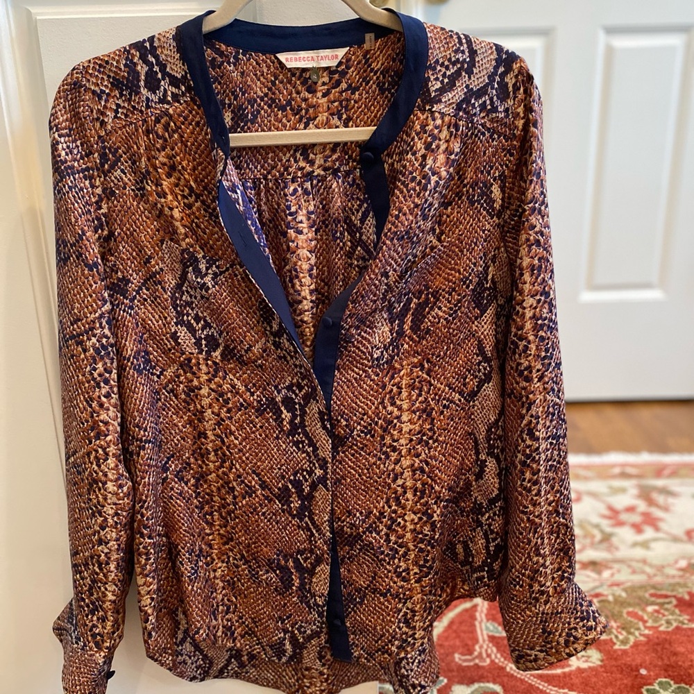 Rebecca Taylor Brown and Navy Patterned 100% Silk Blouse